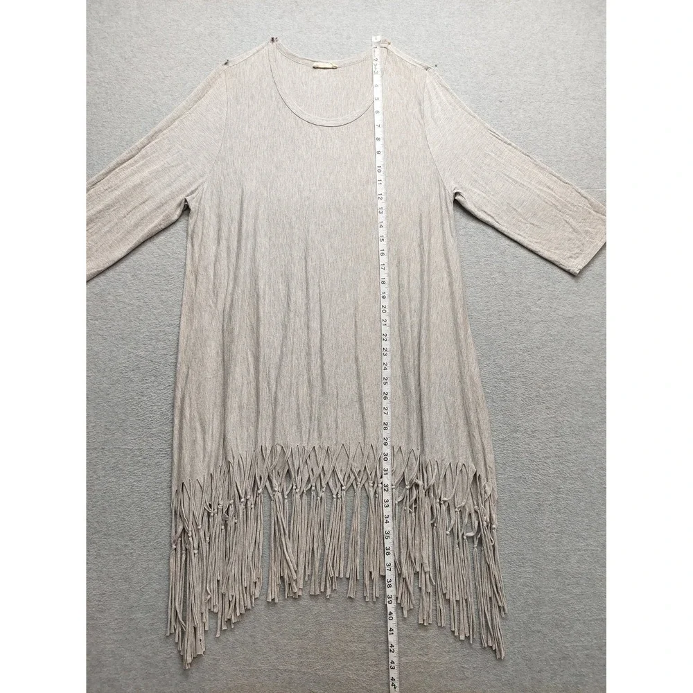 Oddy Women Sweater 3XL Gray Fringe Hem 3/4 Sleeve‎ Lightweight Knit Boho Western